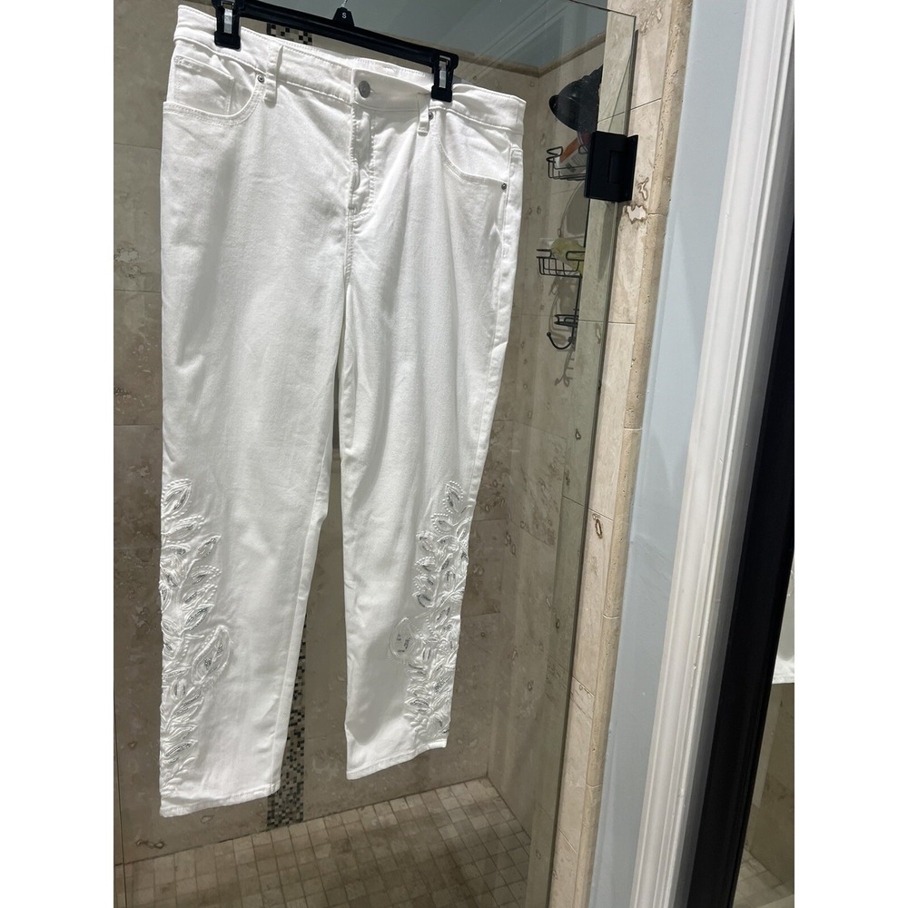 Chicos White So Slimming Girlfriend Slim Leg Jeans Pant 2R 12R Embroidered Beads
